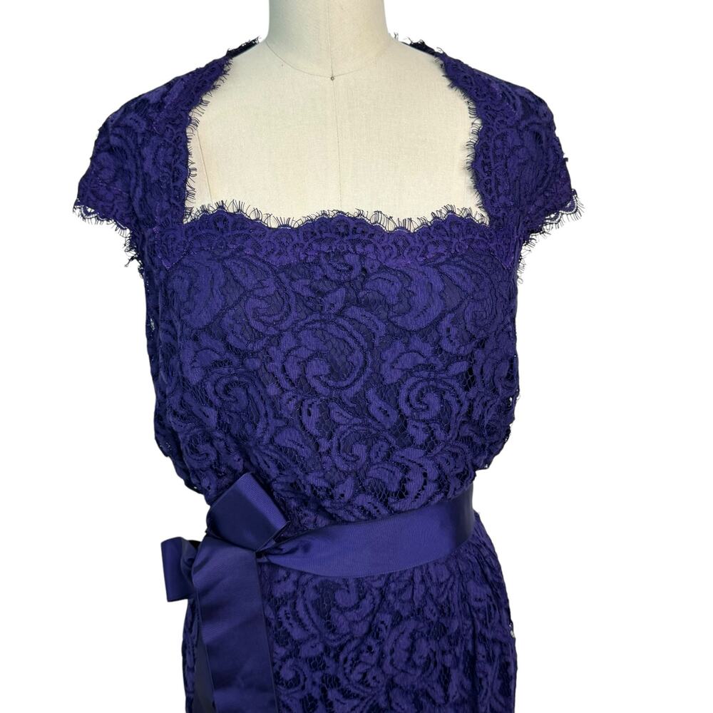 Tadashi Shoji Cap Sleeve Lined Ribbon Tie Sash Lace Long Gown Blue Womens Size 6 - Picture 5 of 11